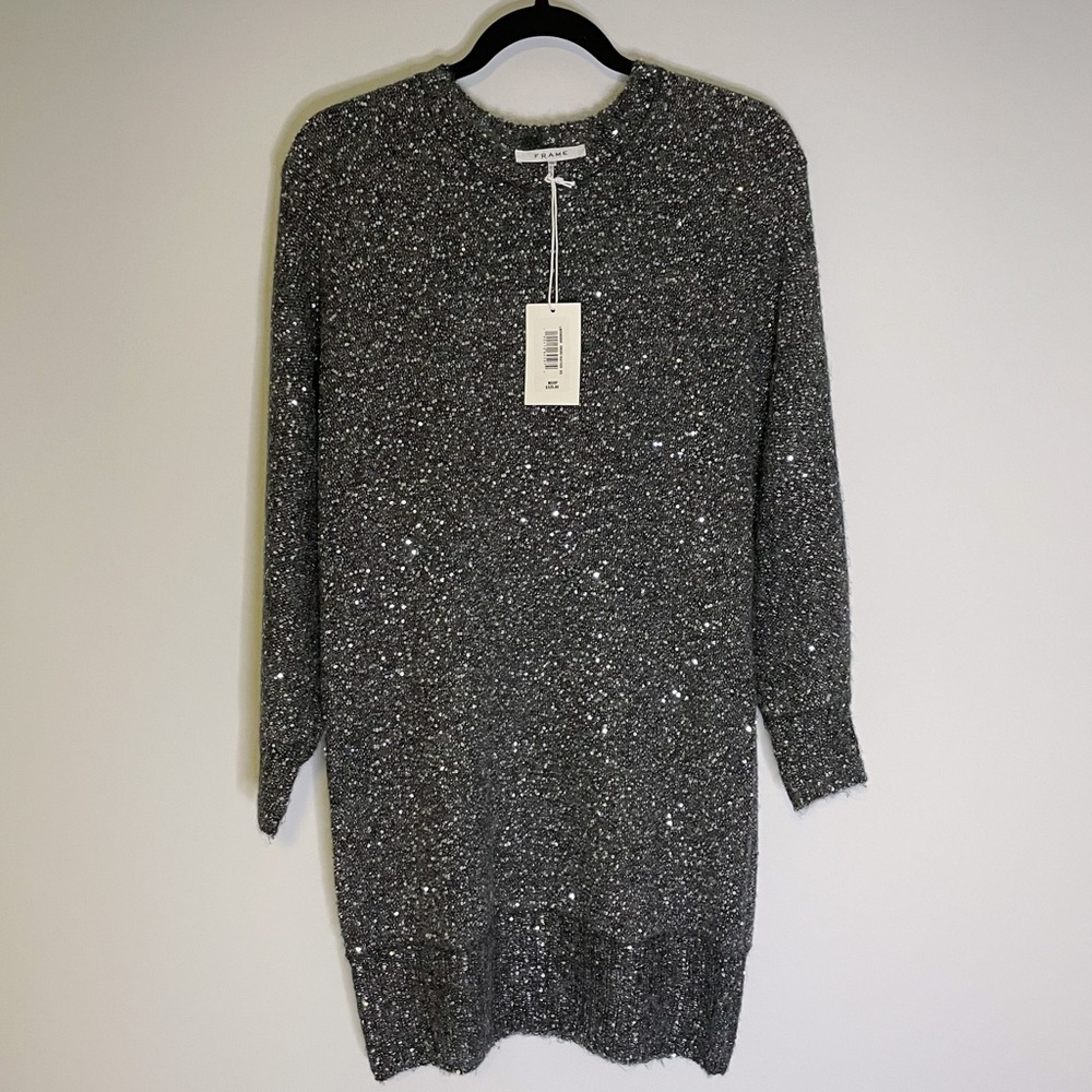 NWT FRAME Sequin Long Sleeve Sweater Minidress In Smoke Heather - Picture 2 of 8